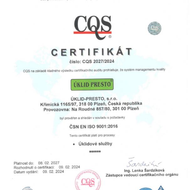  JSME DRŽITELI CERTIFIKÁTU ISO 9001 - MANAGEMENTU KVALITY!